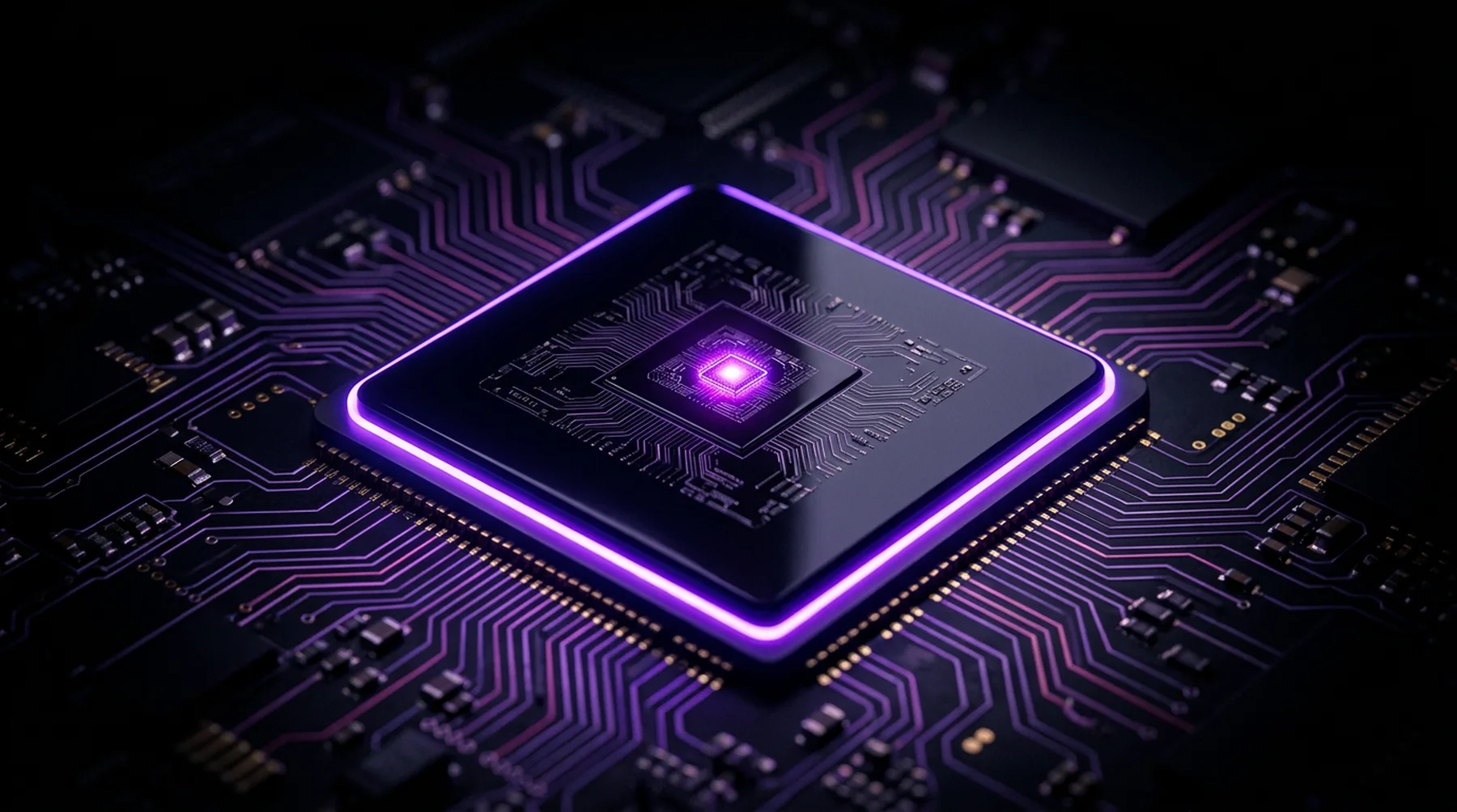 Chip com brilho roxo no centro de uma placa de circuitos, representando a infraestrutura fiscal do NFCore