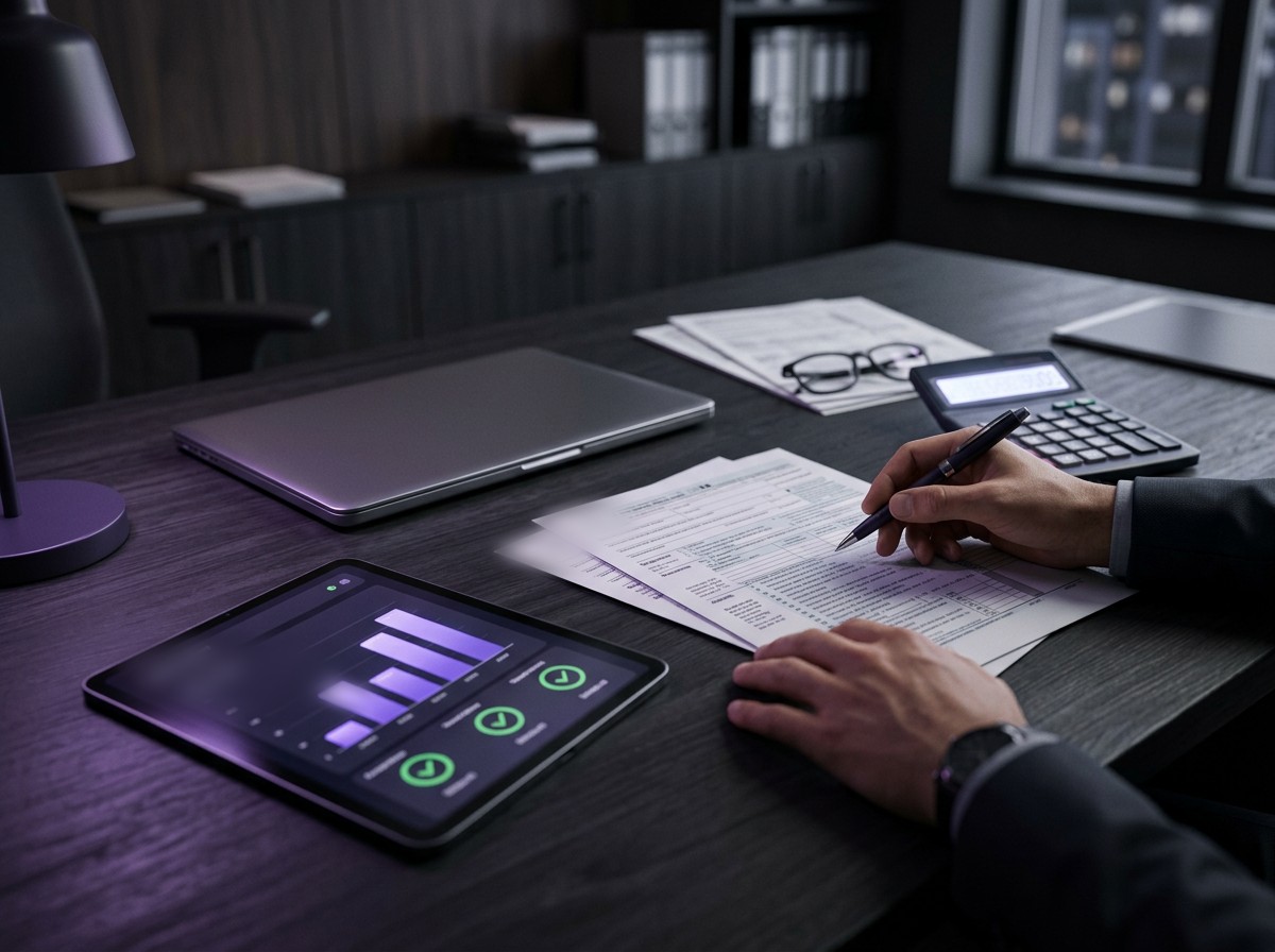 Mesa de trabalho fiscal com documentos, caneta, calculadora e painel no tablet
