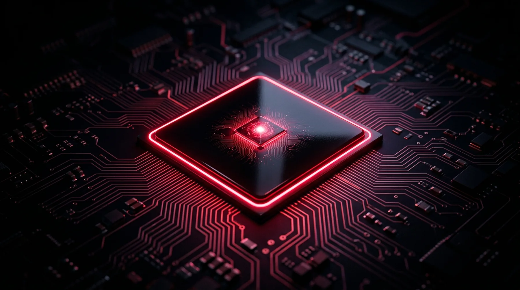 Chip com brilho vermelho no centro de uma placa de circuitos, representando o núcleo cognitivo do Super Core Extreme